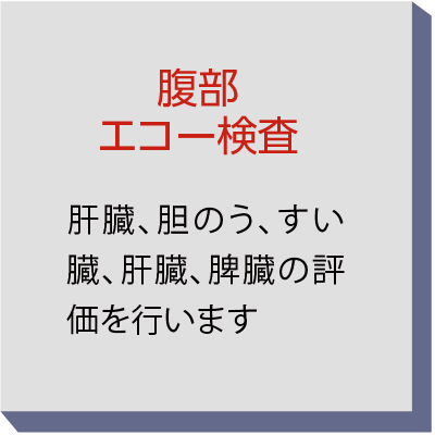 腹部エコー検査 肝臓、胆のう、すい臓、肝臓、脾臓の評価を行います